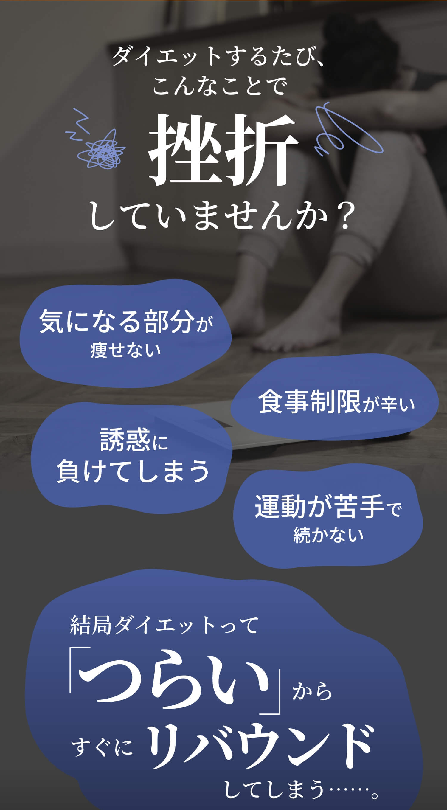ダイエットするたびこんなことで挫折してませんか？気になる部分が痩せない・食事制限が辛い・誘惑に負けてしまう・運動が苦手で続かない結局ダイエットって「つらい」からすぐにリバウンドしてしまう……。