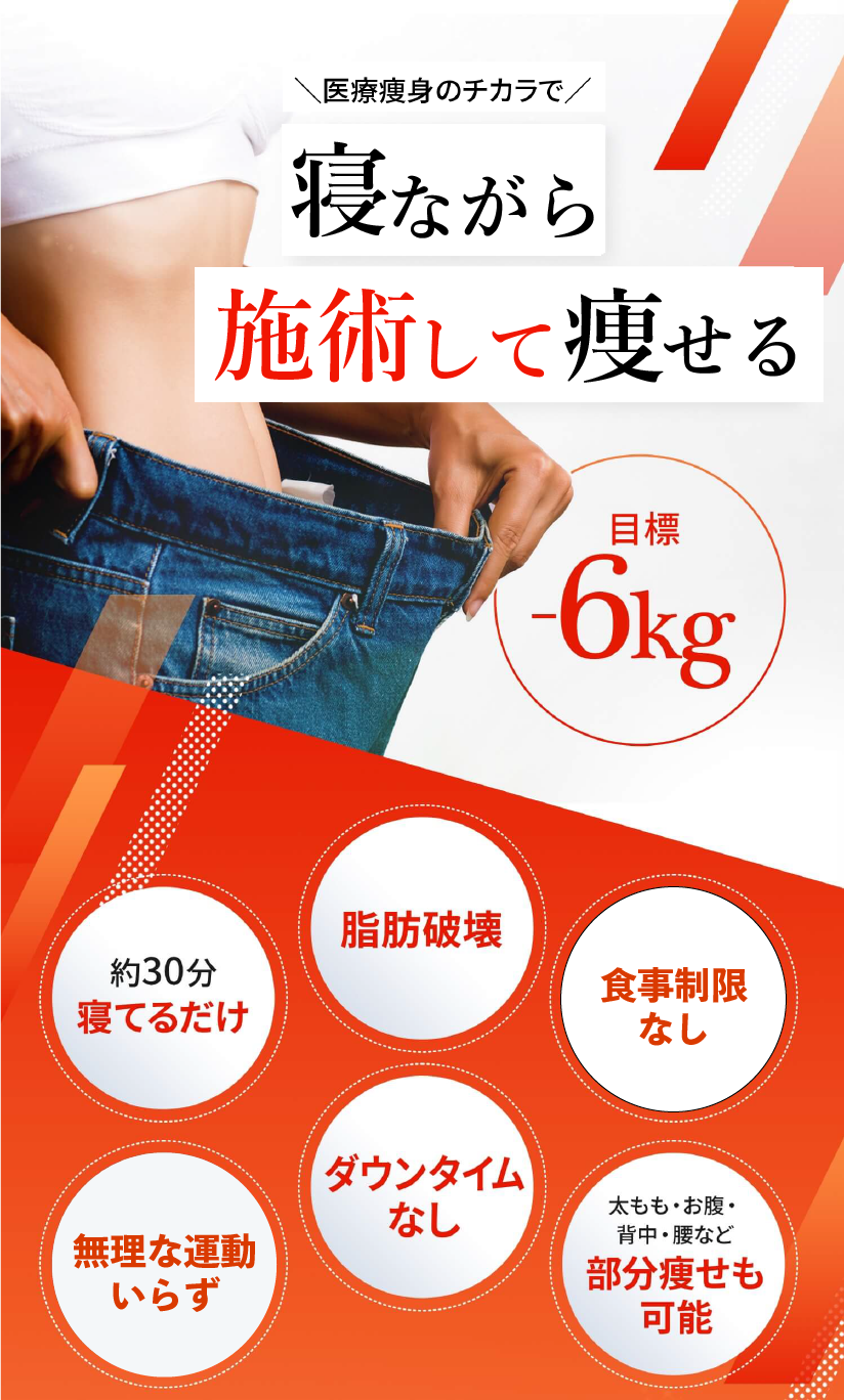 まだ間に合う!夏までに楽して痩せる!目標−6kg 約30分寝てるだけ・脂肪破壊・リバウンドなし・痛みなし・ダウンタイムなし・部分痩せも可能